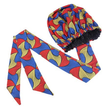 Load image into Gallery viewer, African Ankara Pattern Satin Lined Bonnet Women Long Ribbon Headwrap Double Layer Headscarf Hair Cover