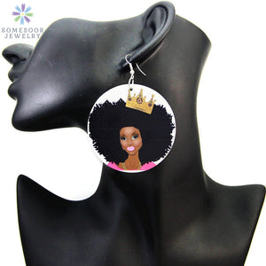 African Queen Crown Painted Wood Earrings Black Women Jewelry Accessories