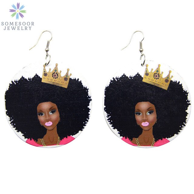 African Queen Crown Painted Wood Earrings Black Women Jewelry Accessories