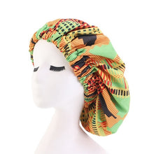 Load image into Gallery viewer, African Ankara Pattern Satin Lined Bonnet Women Long Ribbon Headwrap Double Layer Headscarf Hair Cover