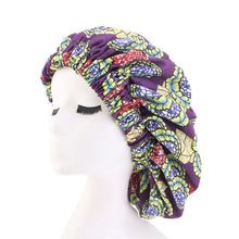 Load image into Gallery viewer, African Ankara Pattern Satin Lined Bonnet Women Long Ribbon Headwrap Double Layer Headscarf Hair Cover