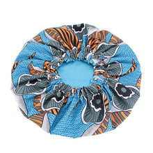 Load image into Gallery viewer, African Ankara Pattern Satin Lined Bonnet Women Long Ribbon Headwrap Double Layer Headscarf Hair Cover