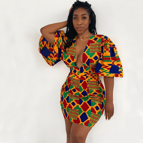 African Dresses for Women New Fashion Summer V-neck Short Sleeve Women's Clothes