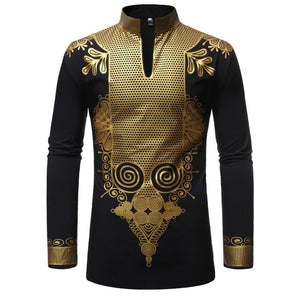 Black African Dashiki Print Shirt Men Fashion Streetwear Clothes Slim Fit Long Sleeve Shirt Chemise