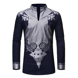 Black African Dashiki Print Shirt Men Fashion Streetwear Clothes Slim Fit Long Sleeve Shirt Chemise
