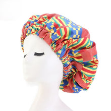Load image into Gallery viewer, African Ankara Pattern Satin Lined Bonnet Women Long Ribbon Headwrap Double Layer Headscarf Hair Cover