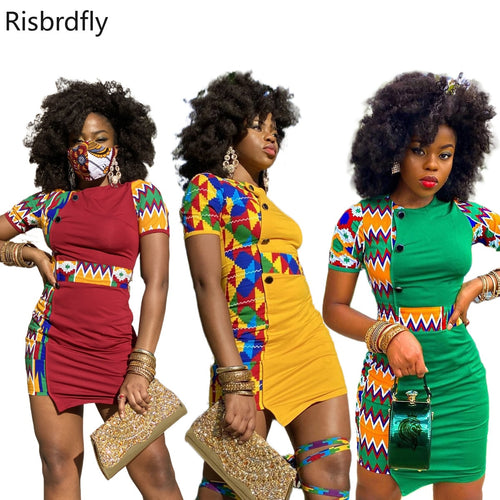 Summer Sexy African Women Printing Polyester O-neck Mini Dress For Women