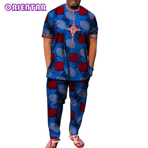 African Men Clothes Short Sleeve Dashiki Shirt and Long Pants Set Traditional Men Suits