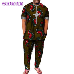 African Men Clothes Short Sleeve Dashiki Shirt and Long Pants Set Traditional Men Suits
