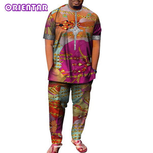 African Men Clothes Short Sleeve Dashiki Shirt and Long Pants Set Traditional Men Suits