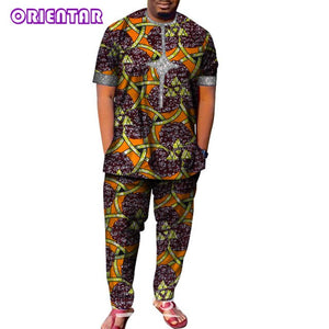 African Men Clothes Short Sleeve Dashiki Shirt and Long Pants Set Traditional Men Suits