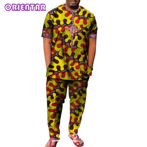 African Men Clothes Short Sleeve Dashiki Shirt and Long Pants Set Traditional Men Suits