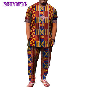 African Men Clothes Short Sleeve Dashiki Shirt and Long Pants Set Traditional Men Suits