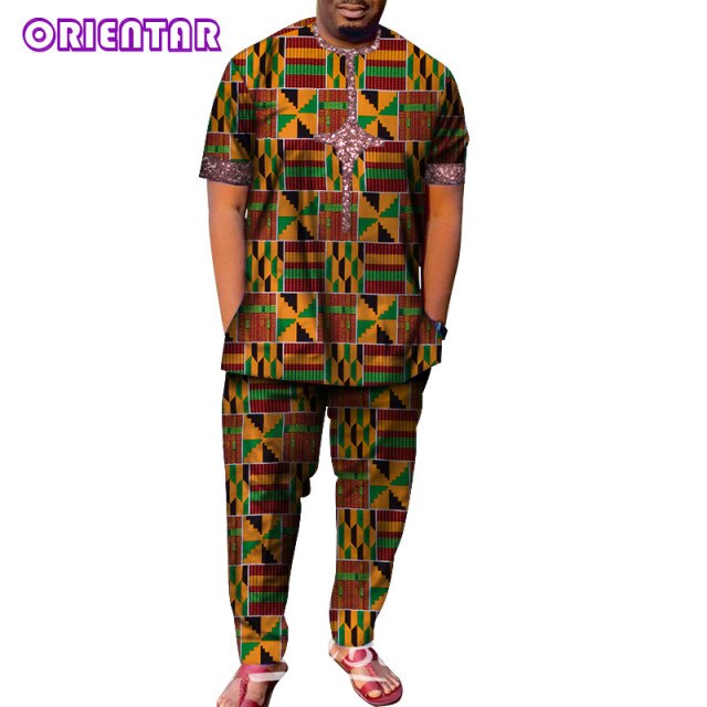 African Men Clothes Short Sleeve Dashiki Shirt and Long Pants Set Traditional Men Suits