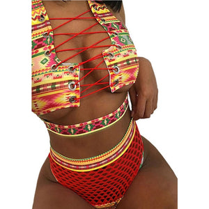 Bikini Swimsuit Sexy Bandeau Push Up African Print Thong Lace Up Swimwear Bathing Suit Women 2 Pieces Bikinis Set