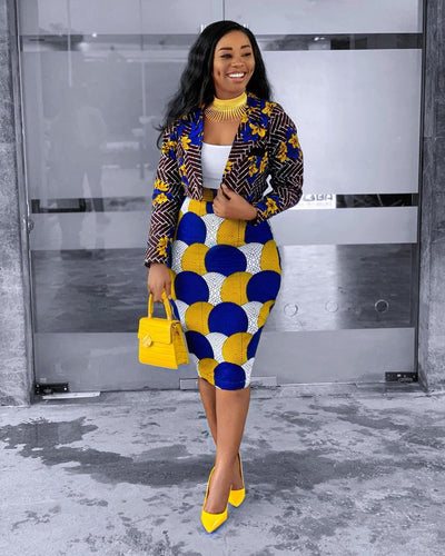 2 Piece Women Set Dashiki Long Sleeve Crop Top Suits Skirt Print Casual Outfit African Clothing