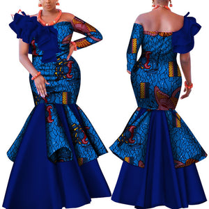 Danshiki Africa Dress for Women Bazin Riche one-shoulder Sexy Slash Neck Wedding Party Dress