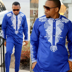 Dashiki Men's Blue 2 Piece Outfit African Clothes Dashiki Shirt With Trouser - Chocolate Boy Ltd